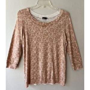 Talbots Sz M Pullover Knit Blouse Sweater Top Beige Floral Stretch Crew Neck